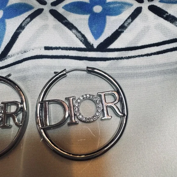Dior Silver Logo Hoop Earrings with Crystal 'O' - Picture 2 of 6